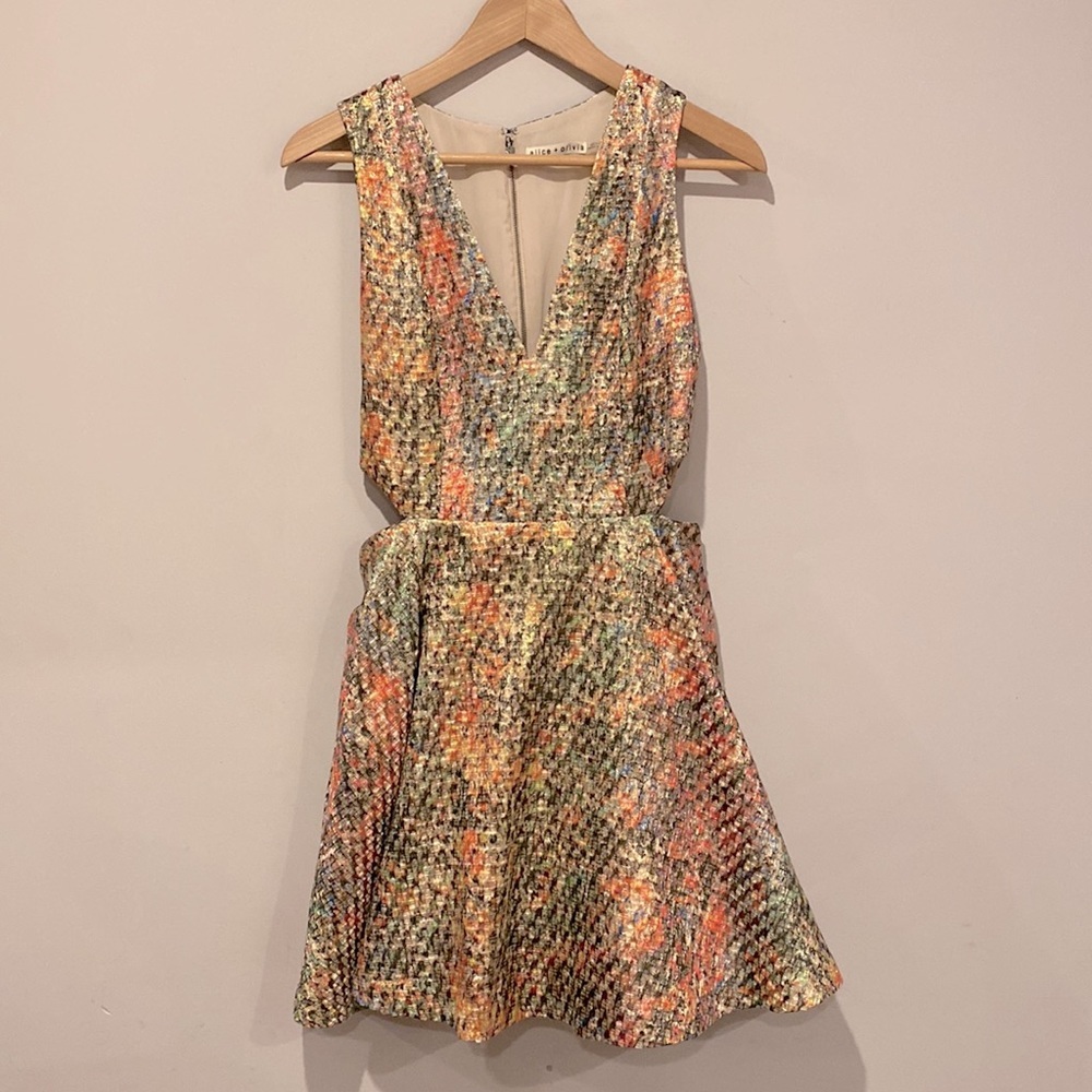 Alice + Olive Fit and Flare Metallic Rainbow Mini Dress - Picture 2 of 5